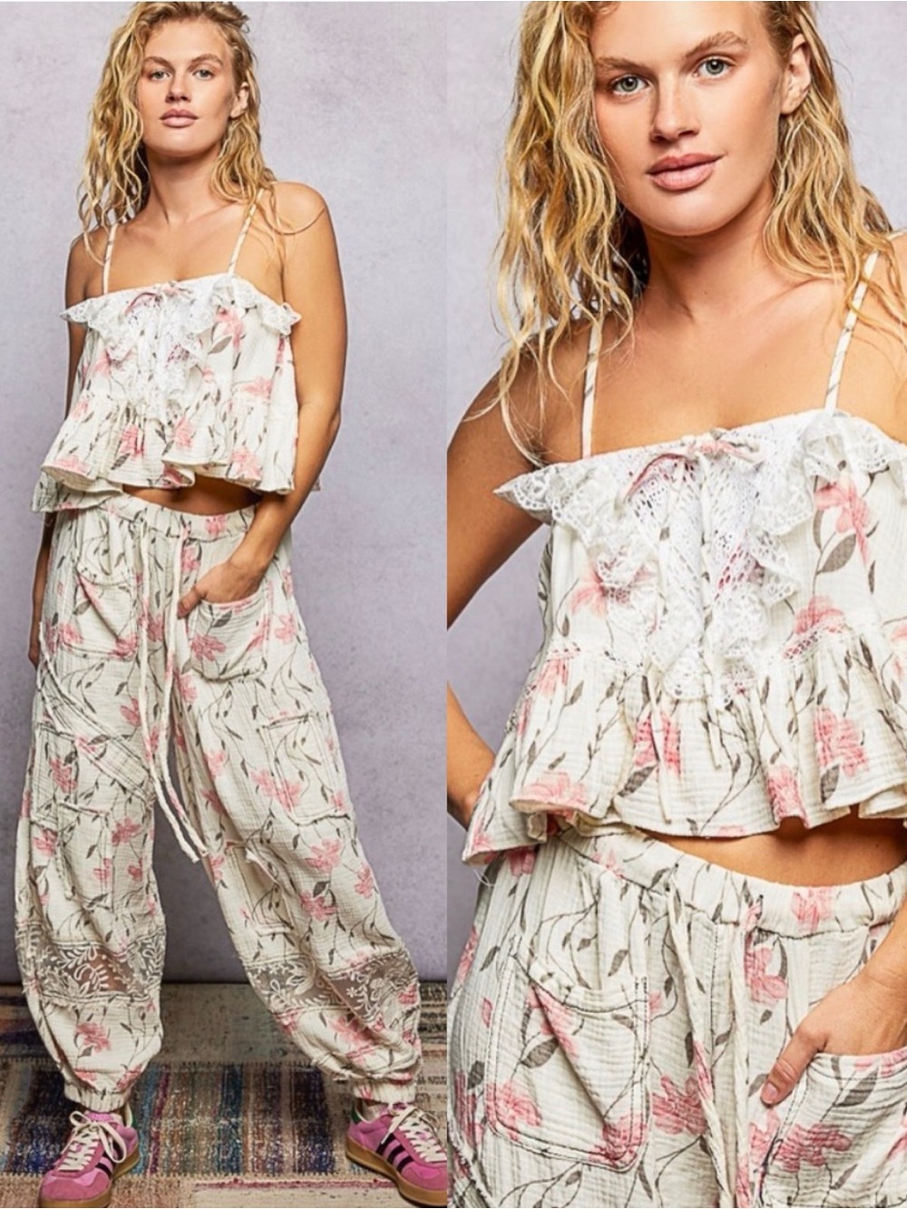 POL Floral Two-Piece Jumpsuit Set in Cream and Pink